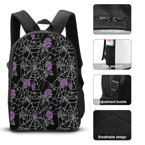 Spider Web Cobwebs Purple Rose Backpack Set 3 Pieces Backpacks Lunch Bag Wallet For Travel Outdoor Sports3