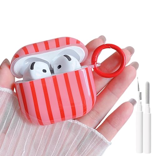 Image of MINSCOSE for AirPods 4 Clear Case,Cute Striped Aesthetic Pattern Design with Girly Keychain Ring,Soft TPU Protective Shockproof Cover with Cleaner Kit for Girls Women for Airpods 4-Dark Pink