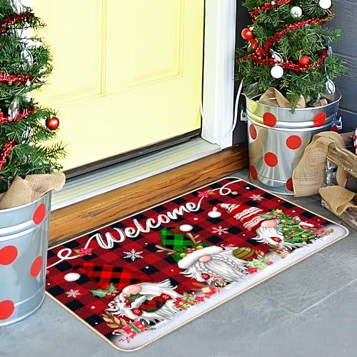 Image of TREWAVE Christmas Welcome Decorative Doormat Christmas Gnome Door Mat Non Slip Rubber Backing Floor Mat Seasonal Winter Holiday Front Porch Rugs for Outdoor Indoor Entrance, 29 x 17 Inch