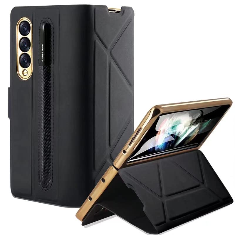 SkyTree Wallet Case with S Pen Holder for Samsung Galaxy Z Fold 4 2022 Folding Wallet Case Cover with Screen Protector, Leather Flip Cover for Samsung Galaxy Z Fold 4 5G - Black