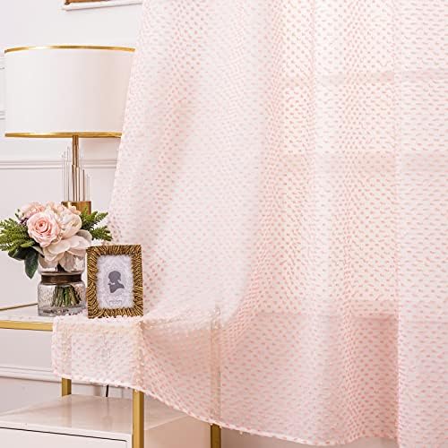Deeprove Pink Sheer Curtains 84 Inches Length 2 Panels Set for Bedroom Living Room, Pom Pom Textured Boho Farmhouse Retro Bohemian Vintage Floor Length Window Treatment Drapes Rod Pocket W55 x L84