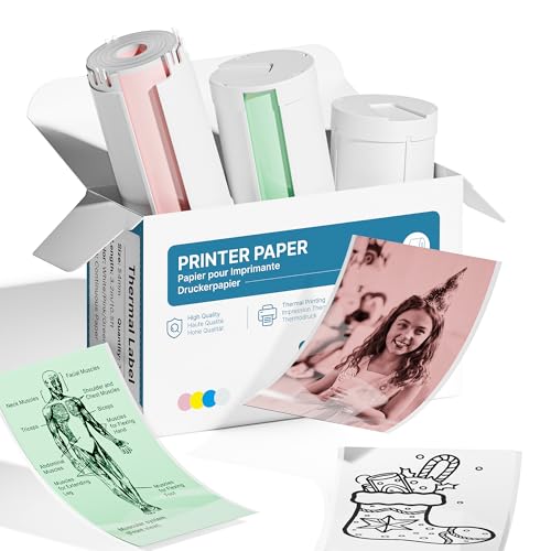 Genuine Self-Adhesive Thermal Printer Stickers, 54mmx3.2m Sticker Paper, Compatible with PM290 Mini Sticker Printer, Thermal Sticker Paper for Journal, Study, Photos, 3 Rolls, White/Pink/Gre