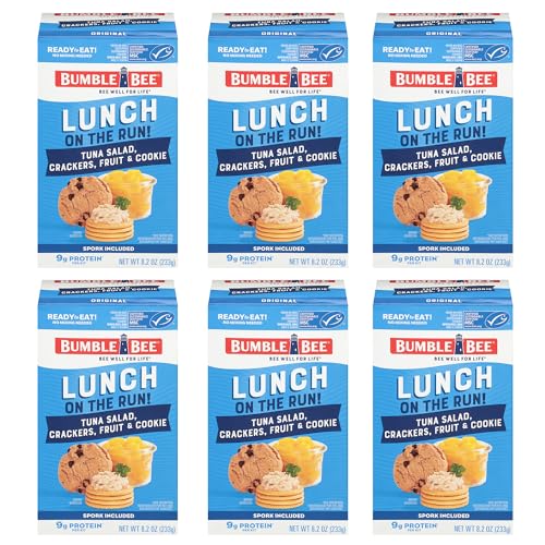 Image of Bumble Bee Lunch On The Run Tuna Salad with Crackers Kit, 8.2 oz - Ready to Eat, Includes Crackers, Cookie & Peaches - Wild Caught Tuna - Shelf Stable & Convenient Source of Protein (Pack of 6), Easy Open Cans