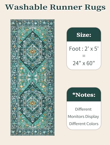 SERISSA Boho Washable Runner Rug, 2x5 Rug Runner Non-Slip Vintage Teal Hallway Kitchen Runner Rug Ultra Soft Print Distressed Tribal Floor Carpet Runner for Bedroom Bathroom Laundry Living Room