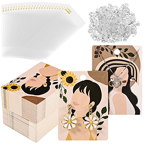 400 Pieces of Earrings Display Cards Holder Set Includes 100 Pieces of 2 Styles of Girls Jewelry Display Card Paper Labels 100 Pieces of Ziplock Bags 200 Pieces of Earrings Back for Jewelry Display