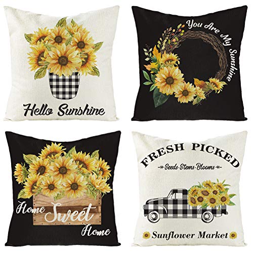 GROBRO7 4Pcs Summer Sunflower Throw Pillow Covers Cushion for Couch Black & White Plaid Truck Pattern and Words You are My Sunshine Sweet Home Linen Cloth Pillow Cases Home Outdoor Decor in 18