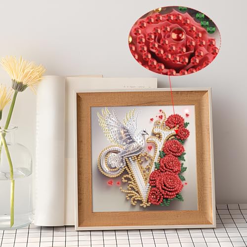 Image of AiYuanzsh 5D DIY Diamond Art Kits for Adults Letter V, Vintage Rose & Dove Floral Special Shape Diamond Painting, Alphabet Diamond Art for Home Wall Decoration and Valentine's Day Gift 17x17cm