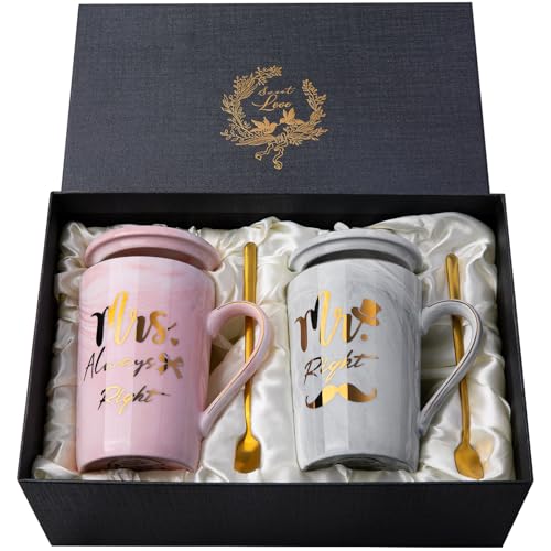 ALBISS Hochzeitsgeschenke für Brautpaar Hochzeitsgeschenk, Mr Right Mrs Always Right - Couple Jahrestag Hochzeit Geschenk Verlobungsgeschenk für Ihn Sie, Paar Geschenke Tassen für Paare, Rosa und Grau