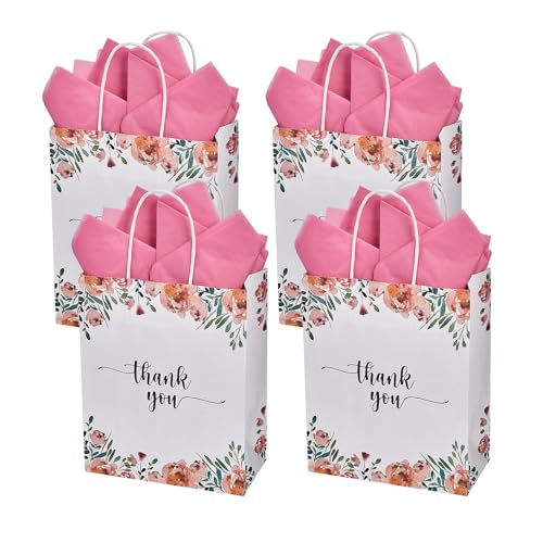 DjinnGlory 50 Pack Medium Sized Teal Blue Gift Bags Thank You Paper Bags with Handles 10''x8''x4'' and 50 White Tissue Paper for Small Business Shopping, Wedding Baby Shower Party Favors (Teal)