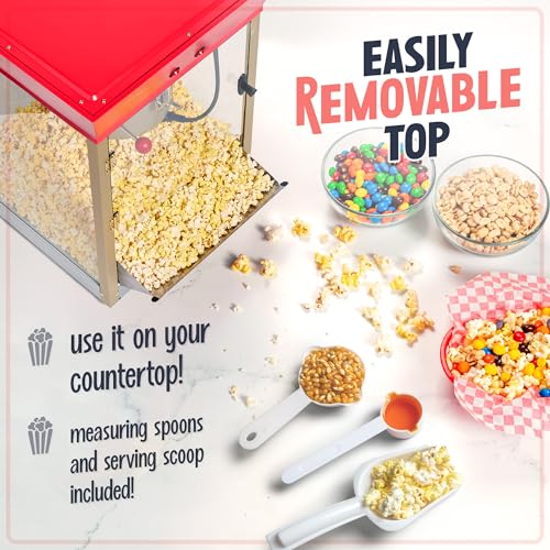 Nostalgia Popcorn Maker Professional Cart, 10 Oz Kettle Makes Up to 40 Cups, Vintage Movie Theater Popcorn Machine with Interior Light, Measuring Spoons and Scoop, Red