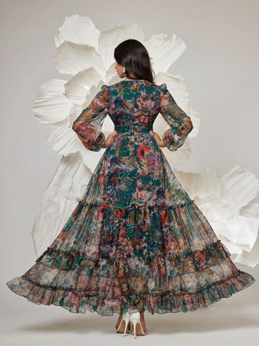 Image of TOLEEN Summer Casual Dresses for Women 2024 Spring Fashion Boho V Neck Long Sleeve Ruffle Floral Print Elegant Maxi Dress
