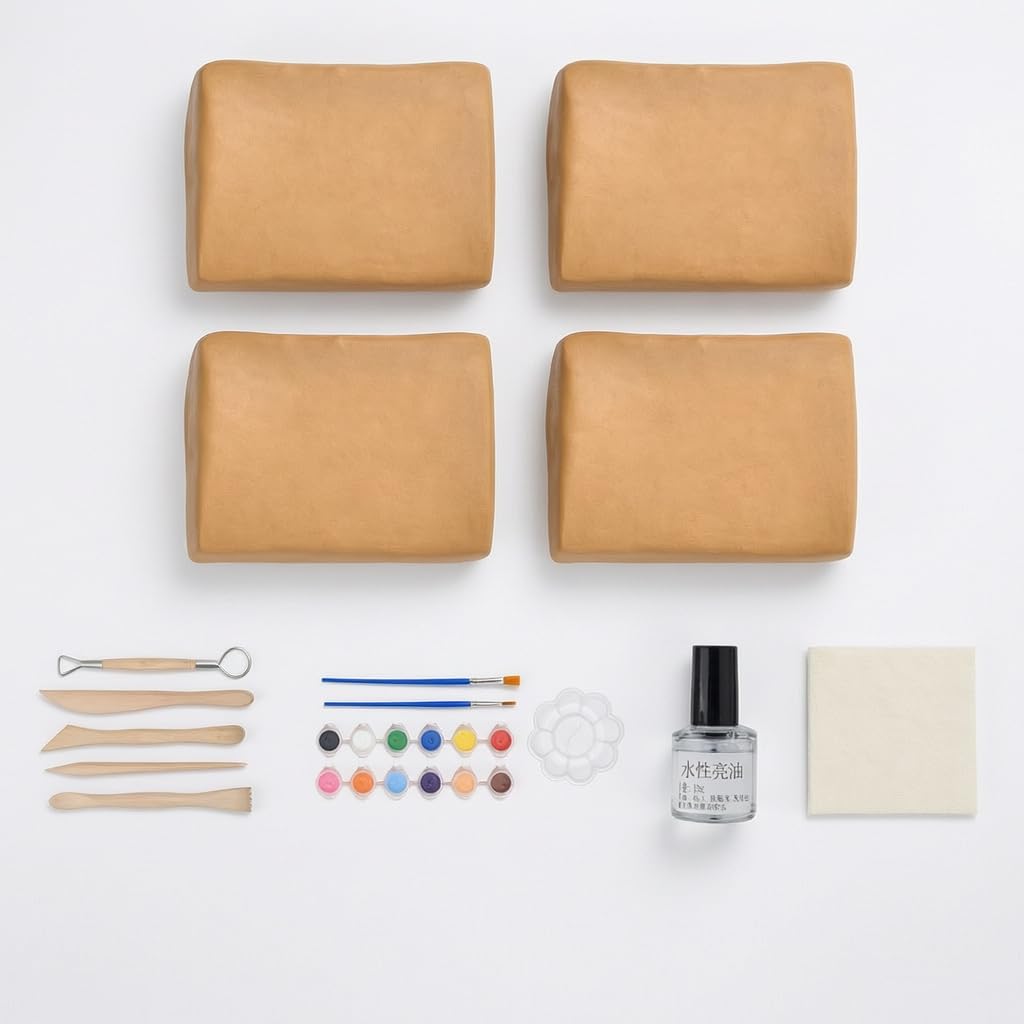 Argilla da Modellare Ceramica Autoindurente per Scultura e Fai-da-Te – Pasta Modellabile Senza Cottura, Argilla gialla 4 confezioni + set da cinque pezzi + pittura + olio lucido