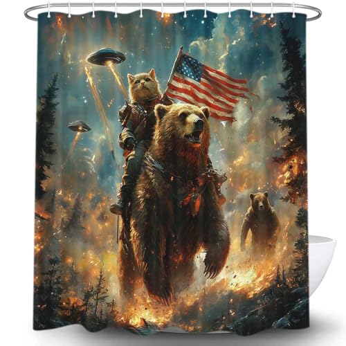 Image of Funny Bear Shower Curtain for Boys Kids, Cool Cat Riding Bear on Rustic Cabin Forest Woodland Hilarious Shower Curtains, Funky Anime UFO Spaceship Animal Bath Curtain Fabric 12PCS Hooks, 70X75IN