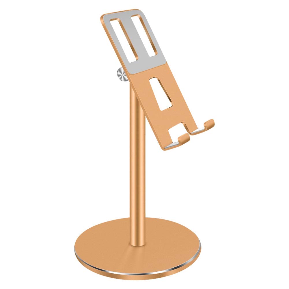 Universal Mobile Phone Holder Stand, Adjustable Desktop Phone Stand with Base, Height Angle Adjustable Aluminum Alloy Bracket for Office Desk, Compatible with All Smartphones (Gold)