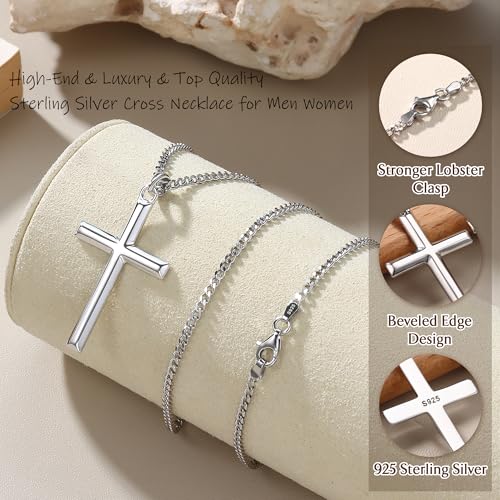 MILACOLATO Solid 925 Sterling Silver Cross Necklace for Men Women, 2mm Diamond-Cut Sterling Silver Chain with Cross Pendant Beveled Edge for Men, Silver Crucifix Cross Necklace Jewelry 16-24 Inches (Cuban Link Curb Chain/Figaro Link Chain/Wheat Chain/Rolo Chain)3