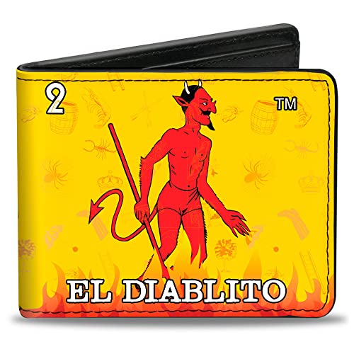 Buckle-Down Men's Loteria Wallet, Bifold, El Diablito Devil Pose and Logo Flame Yellow, Vegan Leather, 4.0