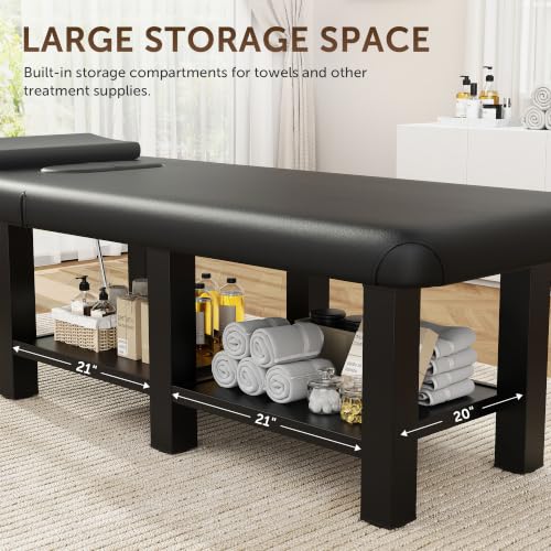 Image of Black Wide Stationary Massage Table with Backrest for Treatment Table Physical Therapy Table Spa Facial Bed, Metal Frame PU Leather 31.5'' Wide 75'' Long Heavy Duty Professional Stationary Massage Bed