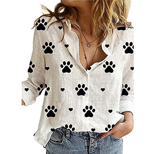 Janepam Womens Tops Shirt Long Sleeve Dog Cat Paw Graphic Pattern Print Plus Size Button-Down V-Neck Loose Linen Blouse(D White,4XL)