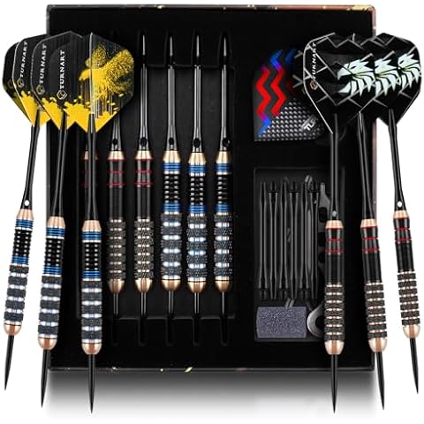 Turnart Darts Metal Tip Set - Steel Tip Darts Darts Set Professional Metal Darts Dart Board Set 12 Pcs 24 Gram 20 O-Rings Aluminum Darts Shafts 24 Extra Flights Darts Tool (6 Brass Dart with Bule) Cover