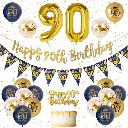 90th Birthday Decorations Men Blue Gold Happy 90th Birthday Banner, 90th Birthday Balloons, Navy Blue Gold Latex Balloons Party Decorations Confetti Balloons for Men 90 Birthday Party Supplies
