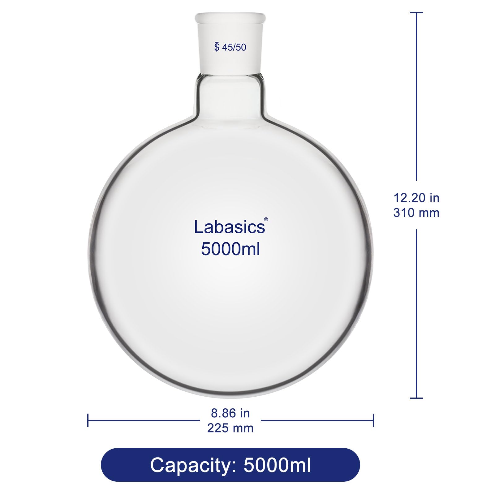 Labasics 5000 ml Matraz de Fondo Redondo para Ebullición, Matraz de Un Cuello de Vidrio de Borosilicato de Pared Gruesa con Junta Cónica Estándar 45/50 para Reflujo y Destilación en Laboratorio
