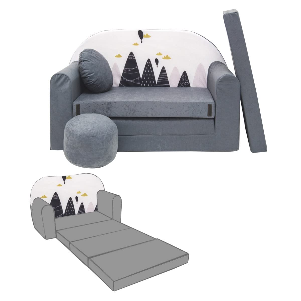 Mon Mobilier Design Nino Canapé Convertible lit pour Enfant avec Pouf et Coussin Oeko-TEX Montagnes Gris