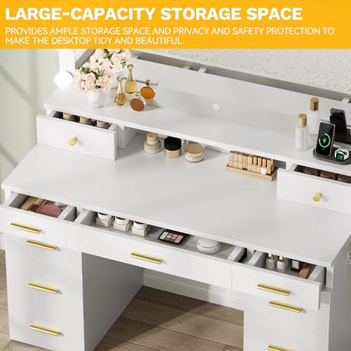 DWVO Vanity Desk Large White USB & Type C 11 Drawers for Bedroom, Vanity Desk with Mirror and Lights