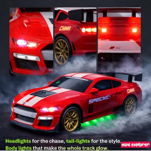 Image of MiniExplorer Ghost RC Drift Car 1:24 Scale 4WD | 20KM /H High-Speed Remote Control Car with LED Lights | 2.4GHz Rechargeable Drift Racing Car with Extra Tires & Cones | Birthday Gift | Boys & Girls