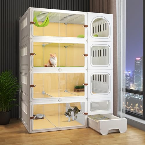 猫ケージ、猫用ケージ(屋内用、トイレ付き)、DIY猫用プレイペン(HD透明、新しくアップグレードされたスライドドア)、1〜2匹の猫、フェレット、チンチラ、ウサギ、小動物用(White-106-46.5-141cm)