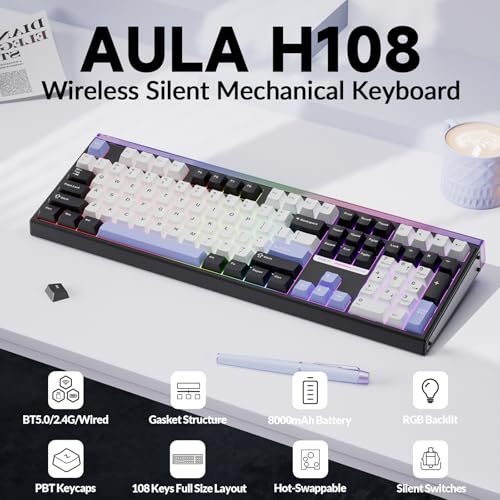 Image of Aula H108 Wireless Mechanical Keyboard, Hot Swappable Silent Keyboard, Full Size Keyboard with Number Pad, Gasket Structure, RGB Backlit Computer Gaming Keyboard with PBT Keycaps for PC /Office