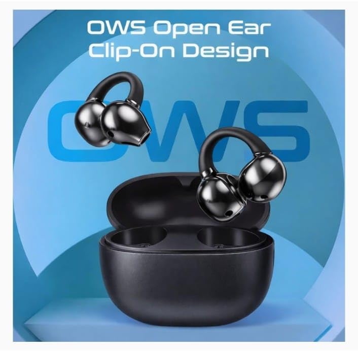 Image of OWS Open Ear Clip-On Wireless Earbuds, Black, 48 Hours Playtime, Bluetooth, with Charging Case /Vel Mobile Solution