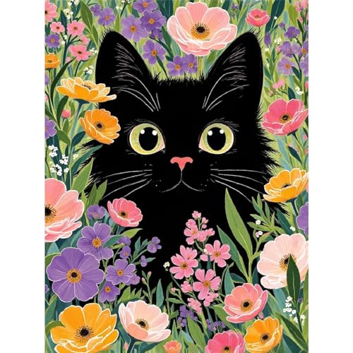 askkqtx Black Cat Paint by Numbers Kit for Adults Cat with Flowers Paint by Numbers for Beginner DIY Oil Painting by Number on Canvas for Home Decor Gifts 16x20 Inch (Without Frame)