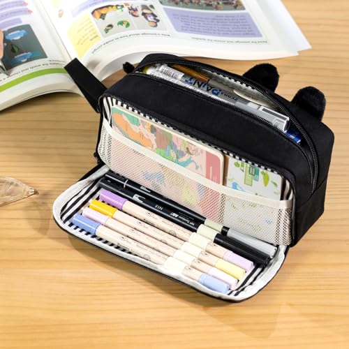 Image of CICIMELON Cartoon Pencil Case, Large Capacity Pen Pouch with Embroidered Animal Design, School Supplies Bag for Kids, Teens, Students (Black Cat)