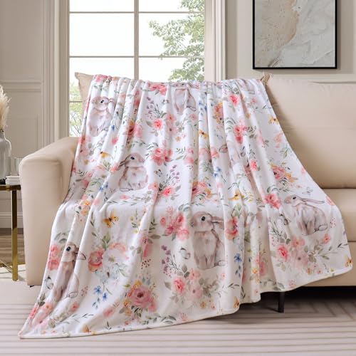 Tupmnbry Pink Flowers Floral Blanket Cute Bunny Throw Blanket Super Soft Flannel Fleece Blankets Lightweight Fluffy Plush Bed Blankets for Bedding Sofa and Travel 50X60