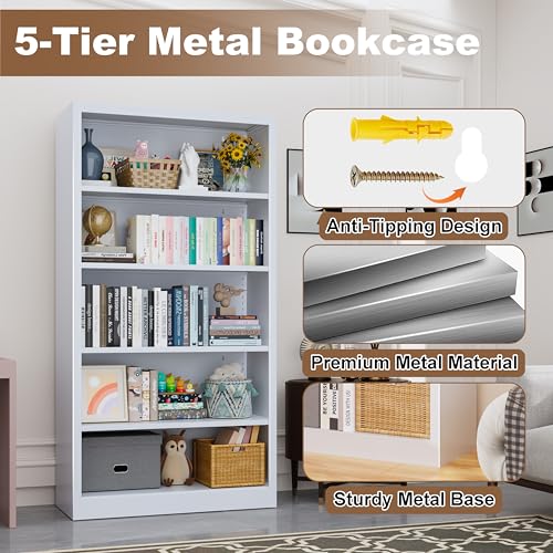 Image of White Metal Bookcase, 55 inch H Small Adjustable Bookshelf | 5 Tier Heavy Duty Book Shelf, Modern Style, for Living Room, Home Office, Study Room, Library, Easy Assembly