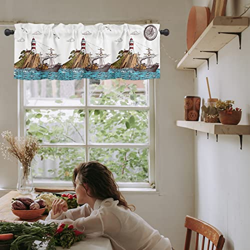 Homechoid Light-House Curtain Valance For Windows/Living Room/Kitchen/Bathroom Farmhouse, Retro Sailboat Ocean Coastal Nautical Short Rod Pocket Tier Curtain Window Treatment, 1 Panel 54X18 #TOP5