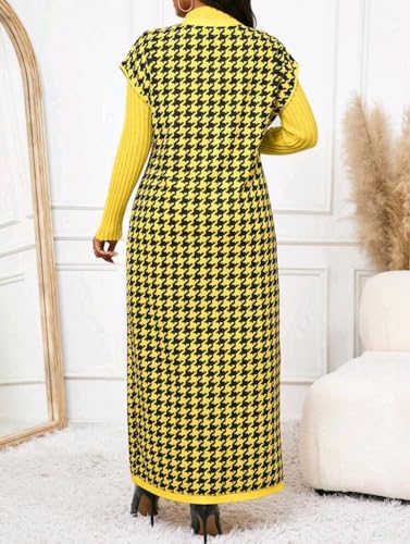 Elegant Long Cardigan Dress with Houndstooth Pattern, Yellow Knit Turtleneck, Belted Design, Fall/Winter Wear2