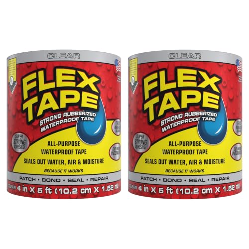 Flex Tape Strong Rubberized Waterproof Tape, Clear, 4 in x 5 ft, 2-Pack