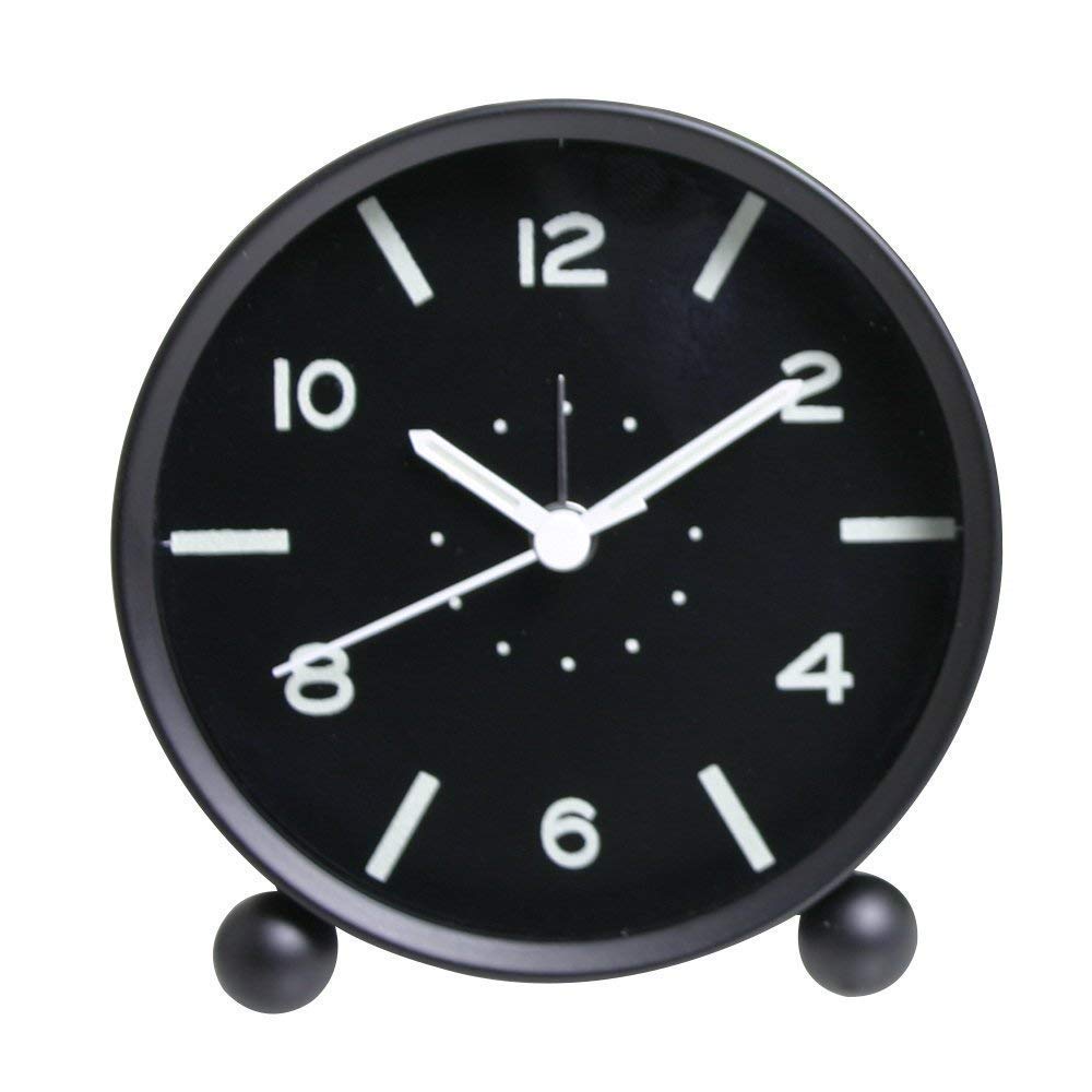 MYXJX alarm clock, Classic Small Round Cute Mute Creative Fluorescent Luminous Silent With Nightlight Quartz Alarm Clocks(Black)