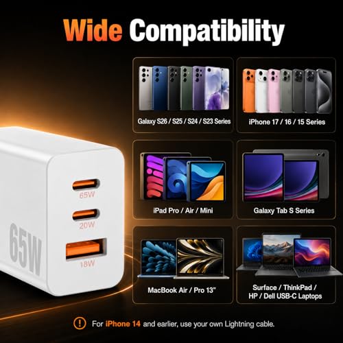 Image of 65W Super Fast Charger Typc-C for iPhone 17 /16 /15 Pro Max,Plus, iPad Air,MacBook, 3-Port 100W(in Total) Charging Block PD /QC 3.0 for Samsung Galaxy S26 Ultra,Android, 3 /3 /6 /6 /10 /10FT USBC Cable Cord