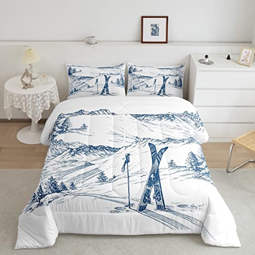 Ski Theme Comforter Set - Queen Size for Boys, Kids, Teens & Men - Winter Sports, Soft, Warm Quilted Duvet Insert