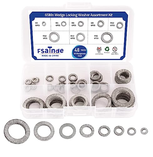 Fasttend 48Pairs Din25201 Wedge Locking Washer Assortment Kit 65Mn Stl Size Included:m4 M5 M6 M8 N10 M12 M14 M16 Non-Slip For Screw Bolt #TOP14