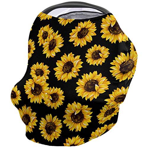 Image of Baby Car Seat Covers Sunflowers, Nursing Cover Breastfeeding Scarf/Shawl, Infant Carseat Canopy, Stretchy Soft Breathable Multi-use Cover Ups, Blooming Flowers Watercolor Black Yellow