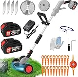 Electric Weed Wacker Eater,3-in-1 Cordless Weed Trimmer with 2 21V/4.0Ah Battery Operated & Fast Charger & 90Min Runtime, 3 Types of Blades for Thick Weeds/Edging/Mowing for Garden Yard -Grey