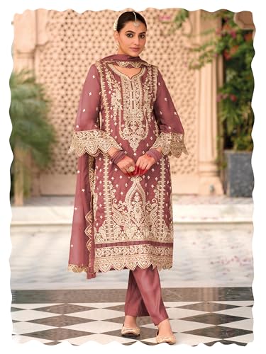 Image of INDO ERA Women's Organza Embroidered Straight Kurta and Pant with Dupatta Set (IEOUT10606)