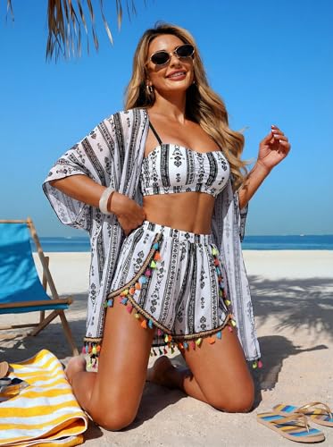 Image of ZAFUL Women 4pcs Ruched Striped Bikini Set High Cut Swimsuit with Sheer Fringed Cover Up Side Slit Shorts