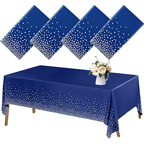 XIAMOOR 4 Pack Navy Blue Tablecloth Plastic, Table Cover for Parties, Dot Confetti Pattern Table Covers for Rectangle Tables, Fit for All Birthday Party, Wedding, Graduation, Anniversary, 54