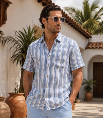 Image of Majestic Man Men's Pure Cotton Striped Half Sleeve Slim Fit Casual Shirt for Men
