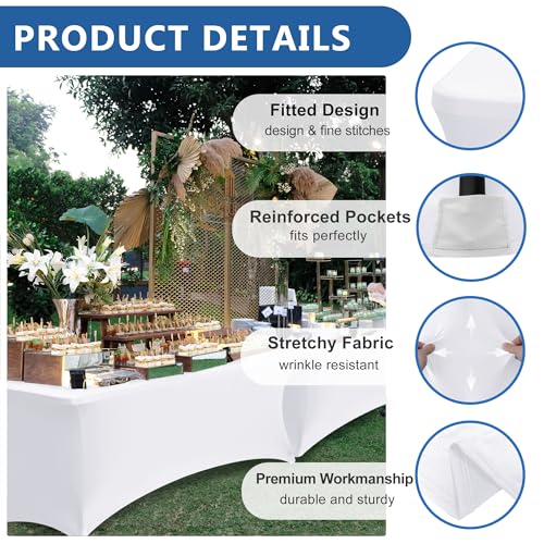 Enjoyidea Table Cover for 6 foot Rectangle Tables-8 Pack White Fitted Stretch Tablecloth-Elastic Spandex 6ft Folding Tablecloths for Party, Vendor Booth Display, Banquet Buffet Event, Craft Trade Show