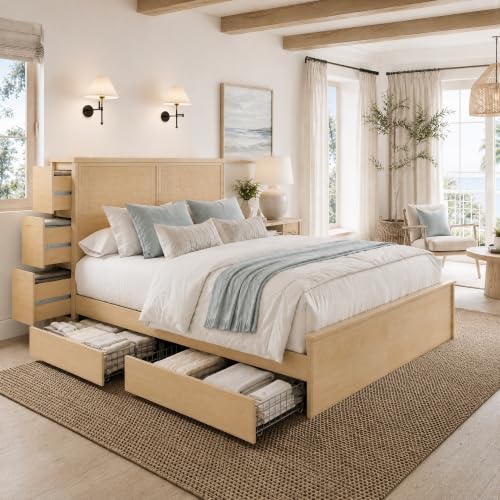 Yechen Natural Rattan Queen Bed Frame with Storage, 10 Drawers...